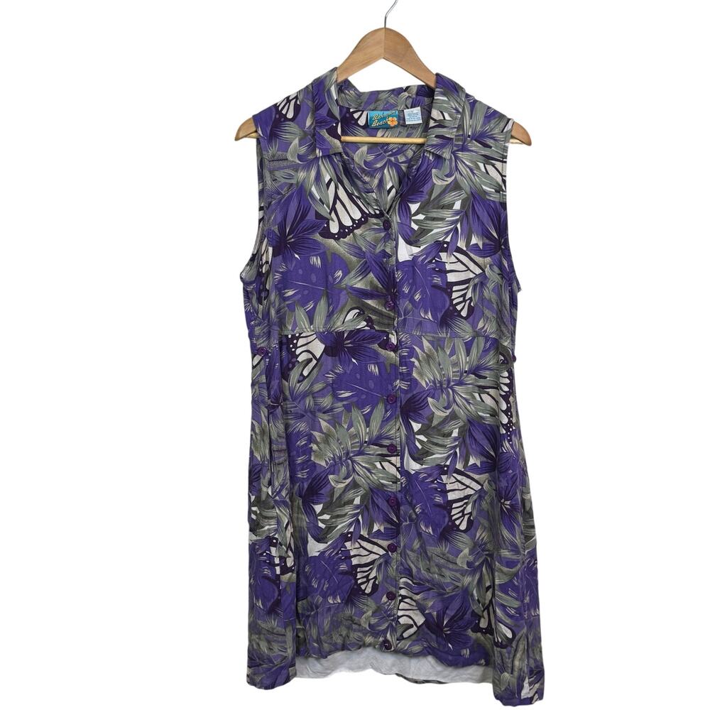 Vintage Bahama Beach Size Large Purple Tropical Butterfly Print Shirt Dress